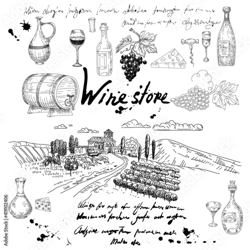 Set Wine products and vineyard hand drawn scetch. Grapes, wooden barrel, bottles,chees, glass, corkscrew vintage style unreadable text. Vector illustration collection retro, doodle blots, stains, ink