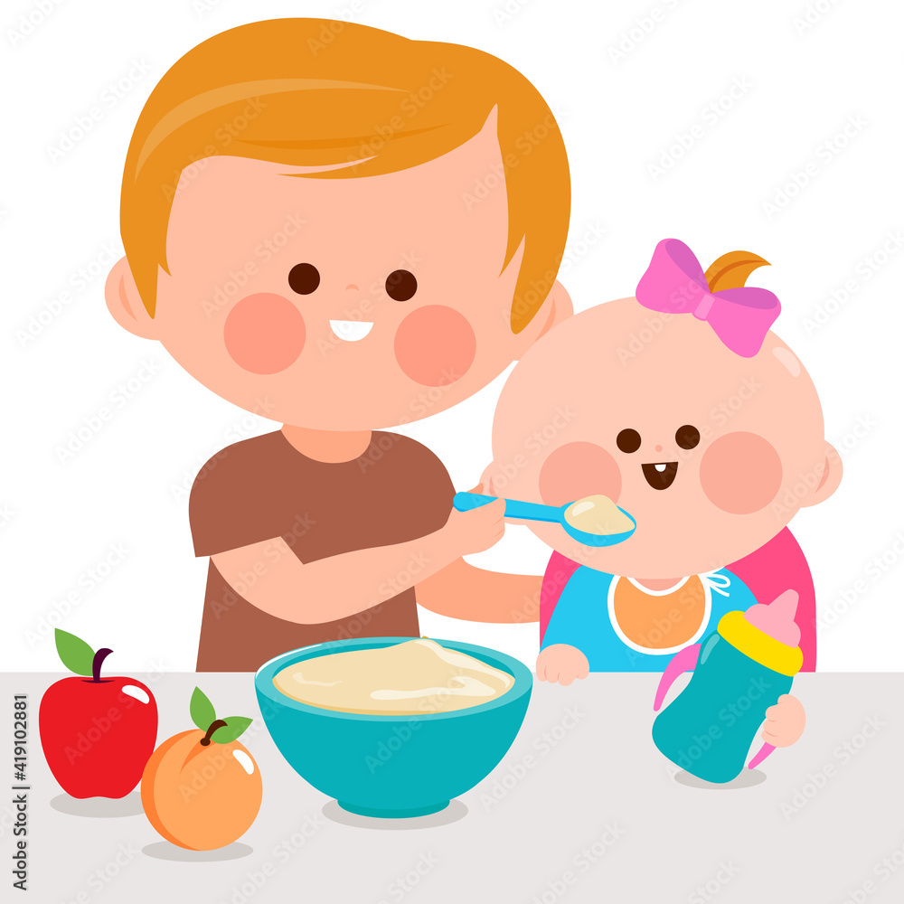 Father feeding his baby a bowl of cereal and fruit. Vector illustration Father feeding his baby a bowl of cereal and fruit. Vector illustration