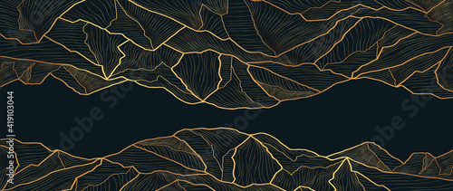 Mountain line art background, luxury gold wallpaper design for cover, invitation background, packaging design, wall art and print. Vector illustration.