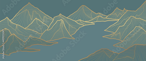 Mountain line art background, luxury gold wallpaper design for cover, invitation background, packaging design, wall art and print. Vector illustration.