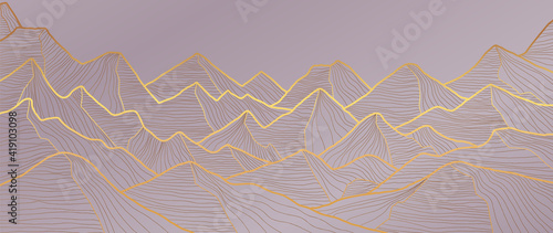 Mountain line art background, luxury gold wallpaper design for cover, invitation background, packaging design, wall art and print. Vector illustration.