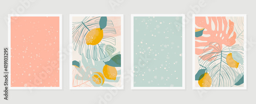 Abstract art nature background vector. Modern shape line art wallpaper. Boho foliage botanical tropical leaves and floral pattern design for home deco, wall art, social media post and story background