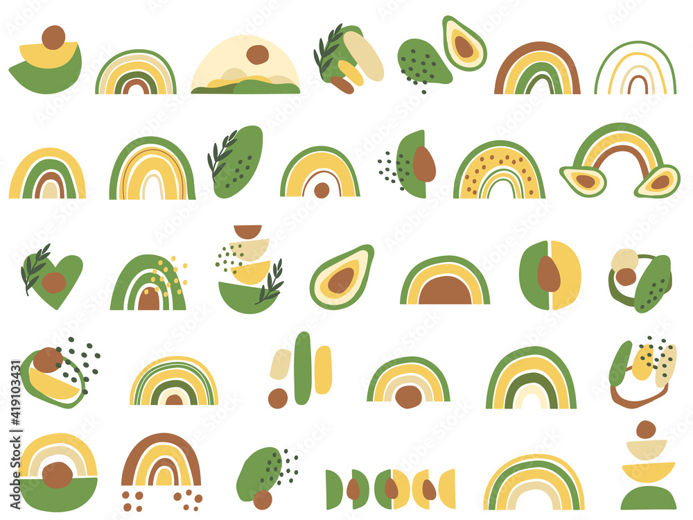 Set of abstract elements with avocado and rainbow shapes. Vector clipart.