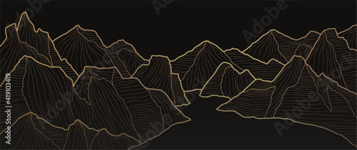 Mountain line art background, luxury gold wallpaper design for cover, invitation background, packaging design, wall art and print. Vector illustration.