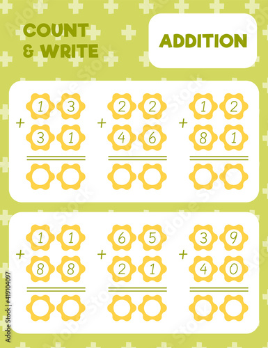 Math worksheet practice print page. Double digit addition. Column method. Count and write.
