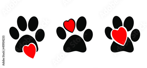 Dogs or cats paws with love hearts symbol. Cartoon dogs or cats footprint, Funny vector dog or cat signs. Lovers silhouette. Animals day. Funny footsteps or steps with heart. 