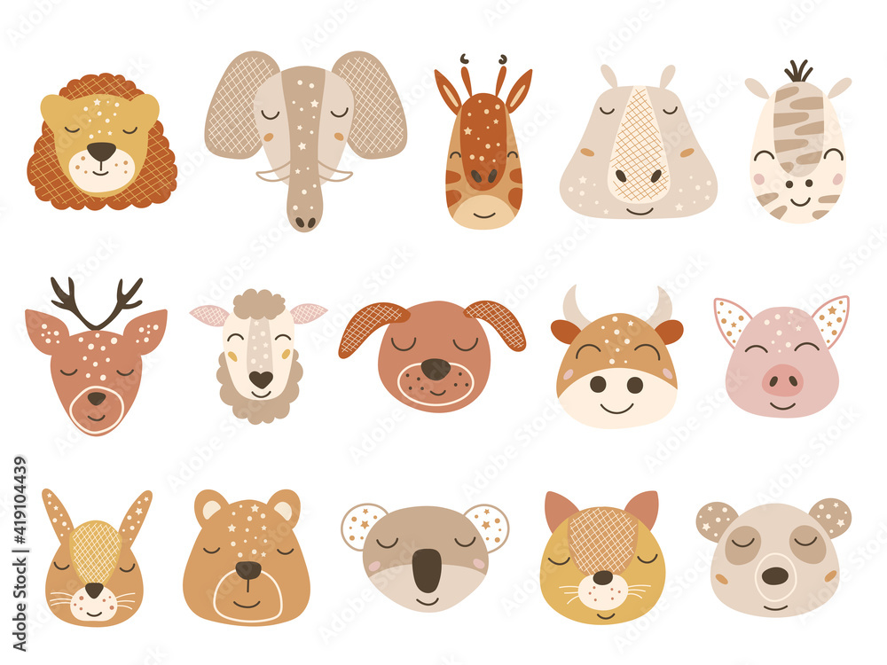 Obraz premium Set of baby animal faces. Vector illustration.