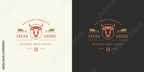 Butcher shop logo vector illustration cow head silhouette good for farm or restaurant badge