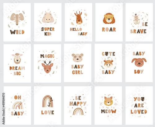 Set of posters with animal faces and lettering phrases. Vector illustration.