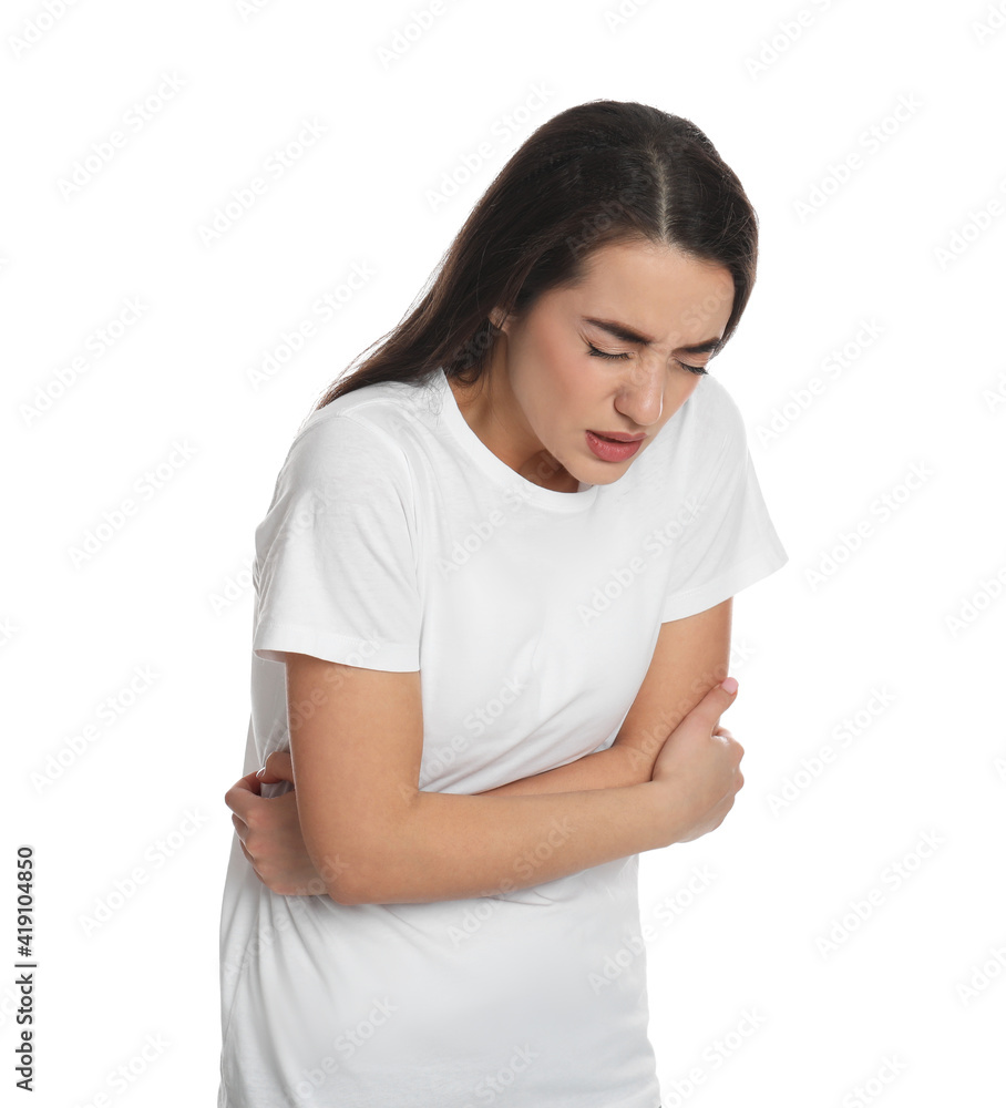 Young woman suffering from stomach ache on white background. Food poisoning Young woman suffering from stomach ache on white background. Food poisoning