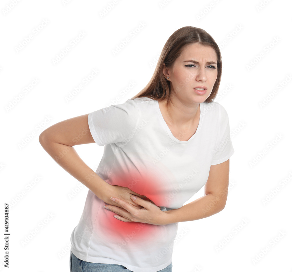 Woman Suffering Flank Pain On White Stock Photo 1051400534