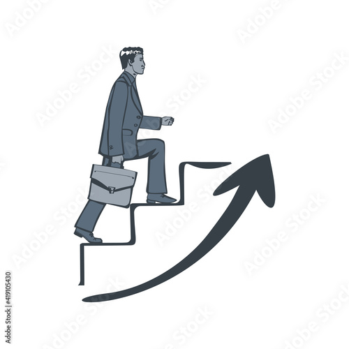 Businessman is climbing career ladder. Concept development. Vector illustration sketch design. Isolated on background. Step by step. Human in a suit with a briefcase runs down stairs.