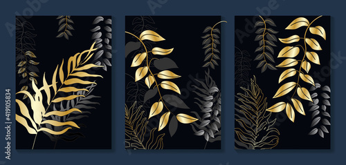 Gold forest  wall art background vector.  Palm and tropical leaf black and golden texture wallpaper. Design for wall decoration, cover, prints, social media stories background, poster and home decor.