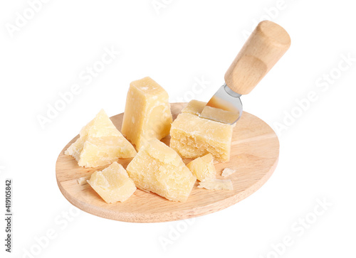 Parmesan cheese with knife and wooden board on white background