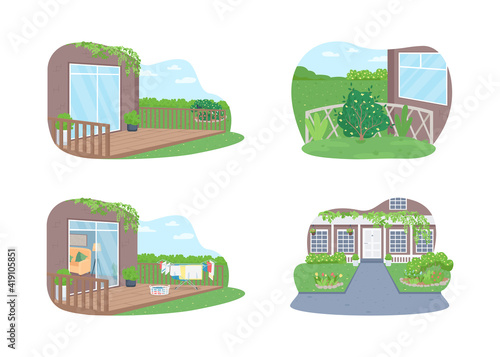 Outdoor suburban home 2D vector web banner, poster set. Outside spring cleaning. Laundry on clothesline. Patio flat scene on cartoon background. Porch printable patch, colorful web element collection