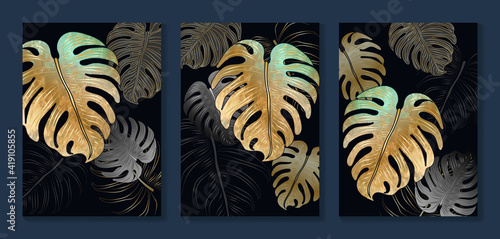 Gold forest  wall art background vector.  Palm and tropical leaf black and golden texture wallpaper. Design for wall decoration, cover, prints, social media stories background, poster and home decor.