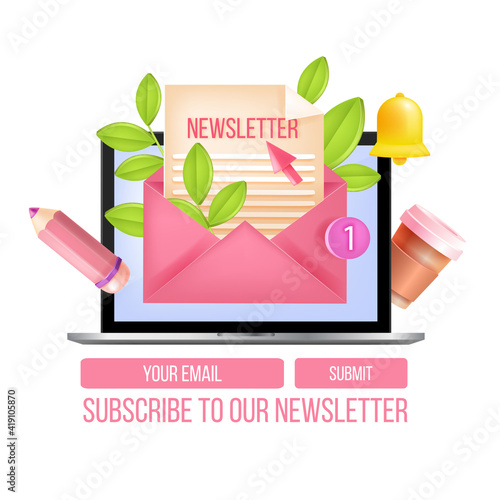 Newsletter subscription vector web form, popup template, laptop, envelope, letter, notification bell. Email internet marketing, website sign up design. Digital online mailbox, newsletter subscription