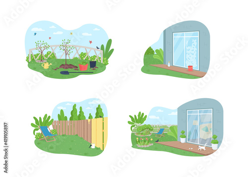 Outdoor spring cleaning 2D vector web banner, poster set. Outside suburban home flat scene on cartoon background. Garden maintenance printable patch, colorful web element collection