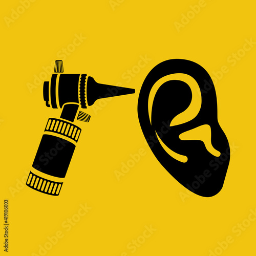 Ear treatment. Landing page, medical clinic template. Black ear template and otoscope. Otolaryngology pictogram. Diagnostic equipment. Vector illustration flat design. Ears problem.