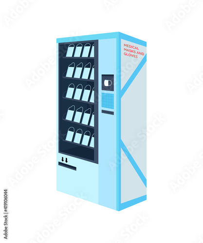 Plastic masks vending machine flat color vector objects. Protection from corona virus infection. Medical equipment. Covid isolated cartoon illustration for web graphic design and animation