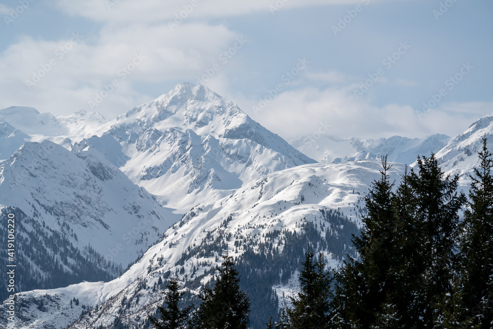 beautiful view of the snow capped hohe tauern in austria on a sunny spring day 