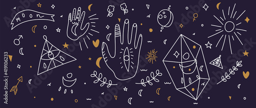 Tattoo abstract background vector. Dreams and magic objects  doodle design of hand, crystal, eye, star, sun, women, hand, planet, star for wallpaper, fabric , esoteric , horoscope, floral, wall art.