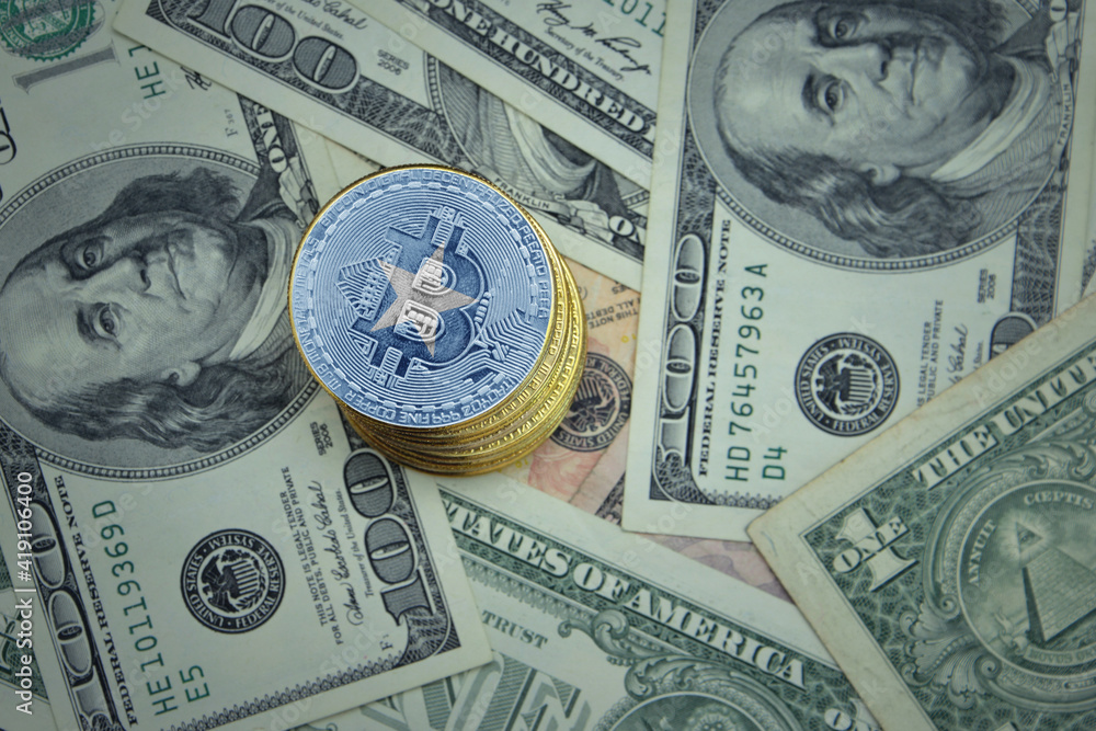 golden shining bitcoins with flag of somalia on a dollar money background. golden shining bitcoins with flag of somalia on a dollar money background.
