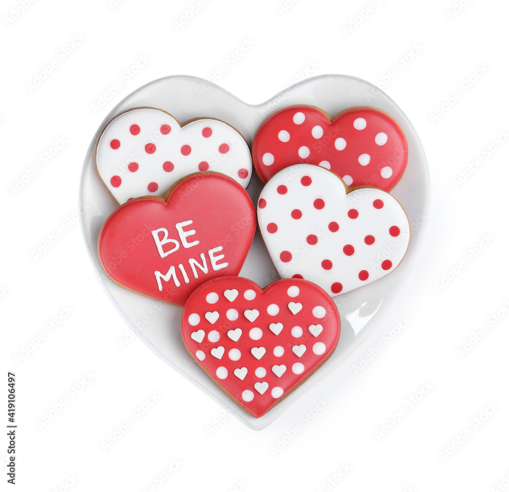 Delicious heart shaped cookies on white background, top view. Valentine's Day