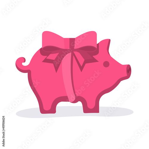 Piggy bank as a gift. Pink piggy bank with gift bow and ribbon. Vector illustration flat design.