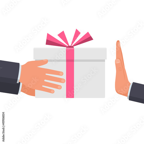 Refusal of gift. No corruption concept. Rejecting proposal. Man holding in hand gift box with ribbon. Gesture rejects the proposal. Vector illustration flat design. Isolated on white background.