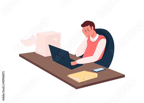 Overworked employee flat color vector detailed character. Overwhelmed worker at desk with paperwork. Burnout and stress isolated cartoon illustration for web graphic design and animation