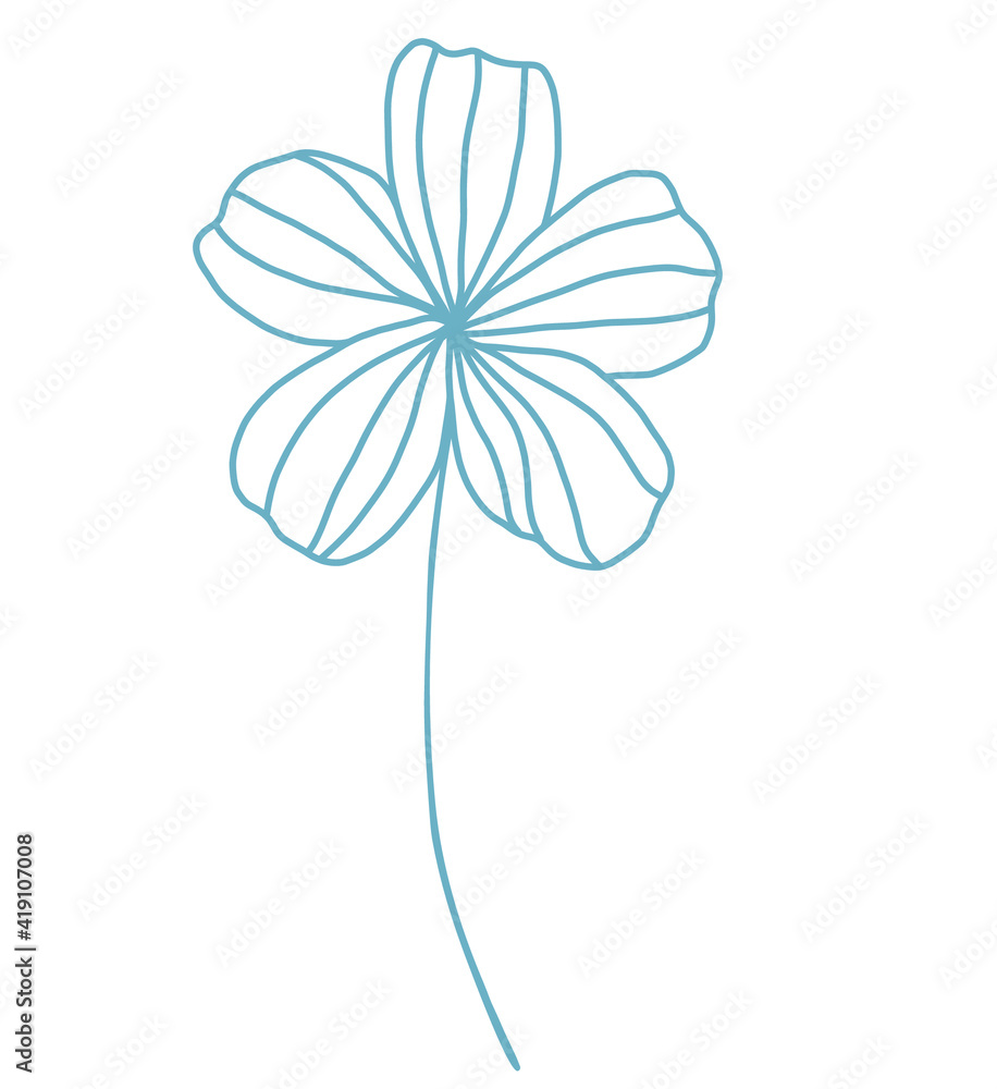 Vector blue line art flower clipart isolated on white background. Subtle botanical illustration. Floral design element for wedding, cards, invitations, greetings, posters, stickers and decoration.
