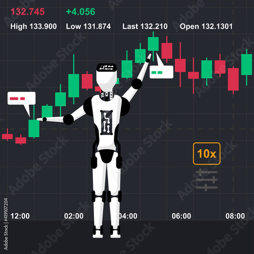 Robot tradings. Stock exchange robot. Business trading concept. Forex market. AI technologies in business and stock market. Artificial Intelligence. Vector illustration flat design.
