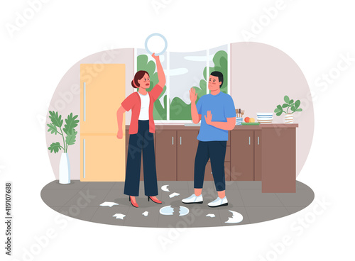 Wife angry with husband 2D vector web banner, poster. Misunderstood boyfriend. Arguing couple flat characters on cartoon background. Family couple printable patch, colorful web element