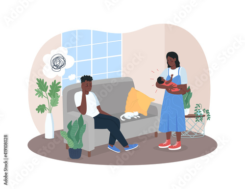 Post natal depression 2D vector web banner, poster. Young african american family flat characters on cartoon background. Relationship conflict printable patch, colorful web element