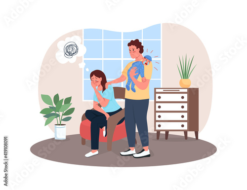 Postpartum depression 2D vector web banner, poster. Exhausted mother, father, crying baby flat characters on cartoon background. Family conflict printable patch, colorful web element