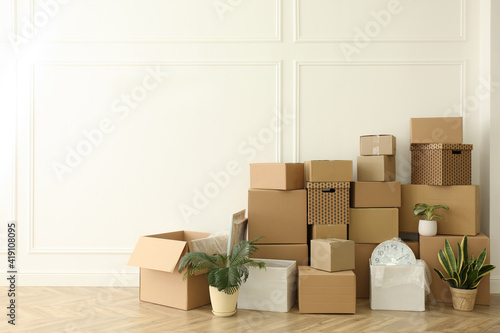 Cardboard boxes with stuff and houseplants in room, space for text. Moving day © New Africa