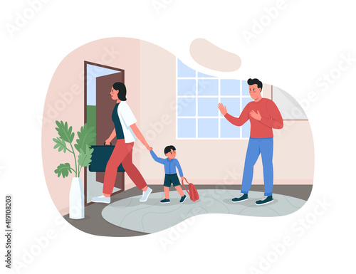 Parents divorce 2D vector web banner, poster. Wife split with husband. Mother leaving with child flat characters on cartoon background. Family conflict printable patch, colorful web element