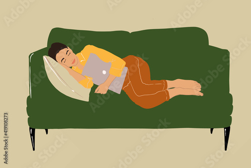 Pretty woman fell asleep on the comfortable green couch in an embrace with a laptop. Lifestyle concept. Vector illustration.