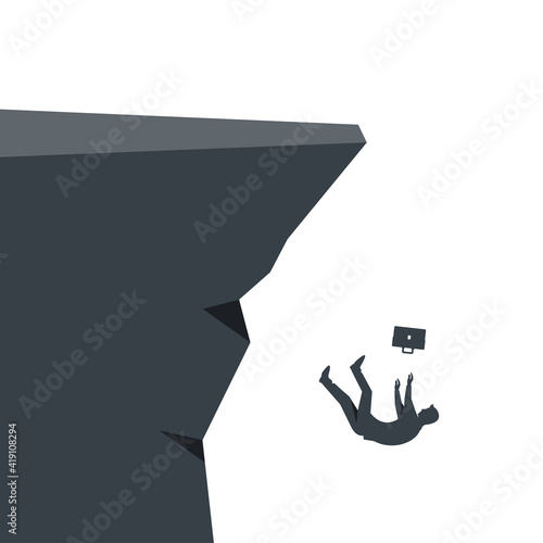 Silhouette of a businessman falling into the abyss. Falling businessman. Career growth. Rapid fall as a symbol of crisis and bankruptcy. Vector illustration flat design. Isolated on white background.