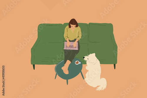 Pretty woman with laptop sitting on the green sofa with a white dog while put her feet on the coffee table. Lifestyle and home coziness concept. Flat style. Vector illustration