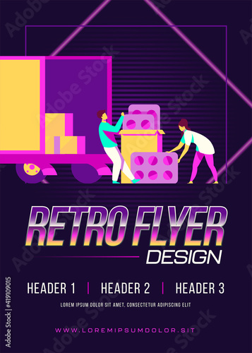 Logistic workers delivering meds. Warehouse employees loading truck with pills flat vector illustration. Pharmacy, business, logistics, delivery concept for banner, website design or landing web page