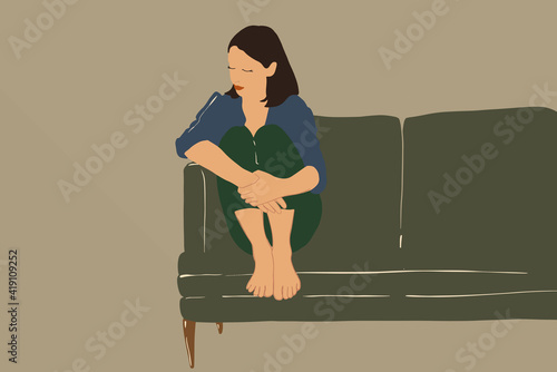Sad woman sitting with bent knees having emotional exhaustion on the green couch. Flat style with muted colors. Lifestyle concept.