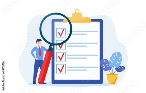 Positive business people with a magnifying glass nearby are marked with a checklist on clipboard paper. Successfully complete business assignments. Vector illustration in flat style