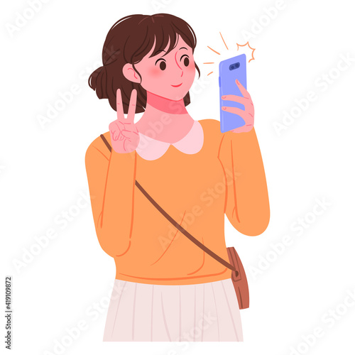 Woman taking a selfie with a smartphone. Digital device usage concept illustration.