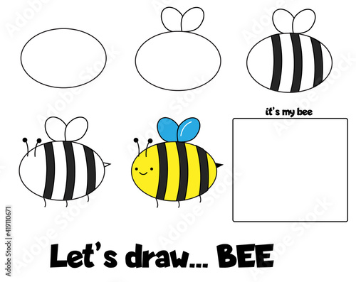 Drawing tutorial for children. Printable creative activity for kids. How to draw step by step a bee