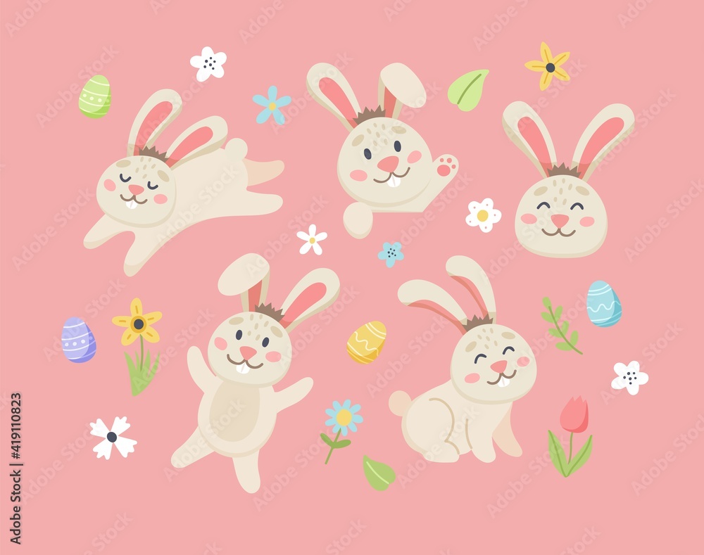 Easter bunny set with cute flowers and eggs. Hand drawn flat cartoon elements. Vector illustration Easter bunny set with cute flowers and eggs. Hand drawn flat cartoon elements. Vector illustration
