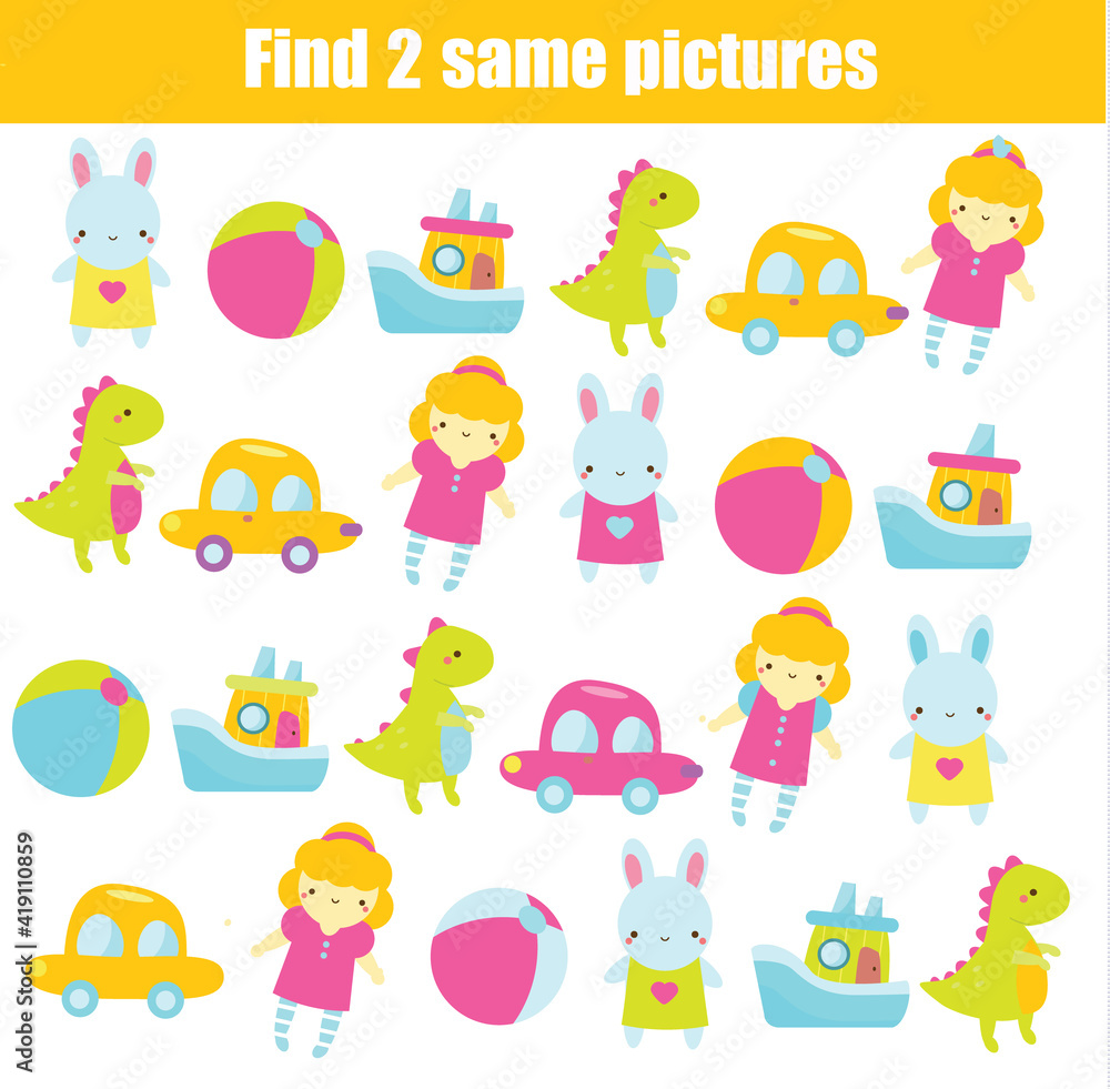 children educational game. Find the same pictures of toys. activity for toddlers and kids children educational game. Find the same pictures of toys. activity for toddlers and kids