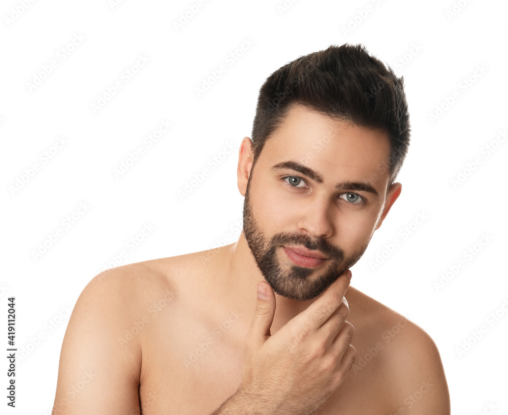 Handsome young man with beard after shaving on white background Handsome young man with beard after shaving on white background