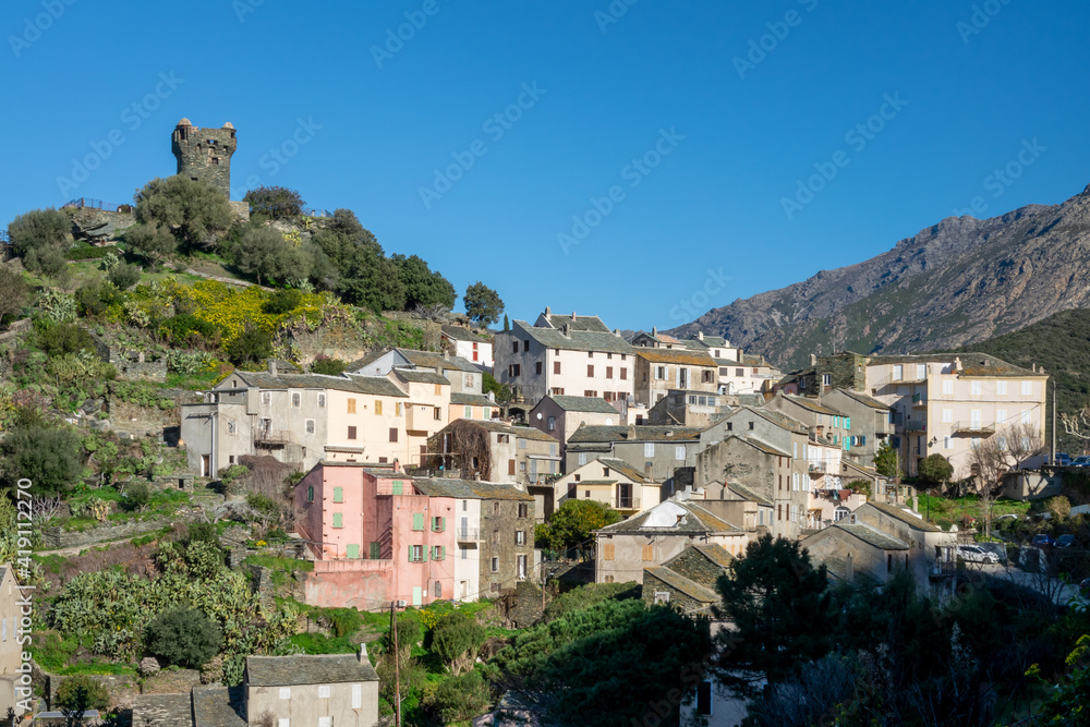 Fototapeta premium View of the village of Nonza with its Genoese tower, Cap Corse in Corsica, France
